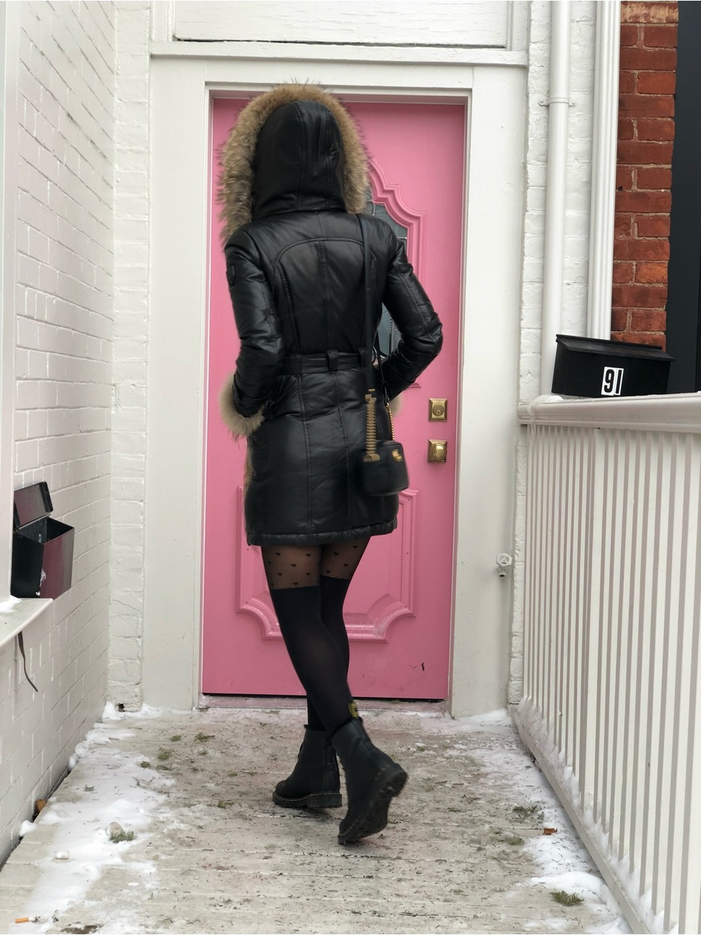 RUDSAK Black Leather coat with Fur-Trim Hood